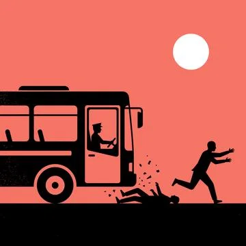 Dramatic cityscape illustration of man running to catch bus, another person.. Stock-Illustration