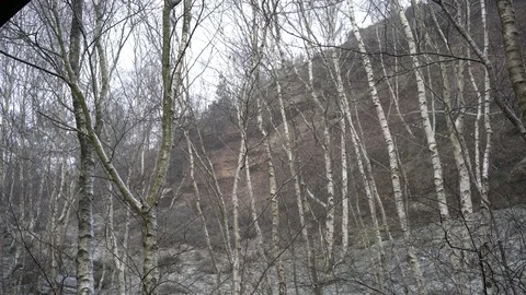 Dramatic cliff face protrudes over snow covered woods, UK, 4k, UHD Stock Footage 86471348