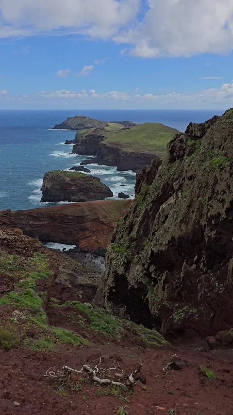 Dramatic cliffs and volcanic terrain at Ponta de São Lourenço, Madeira.  Stock Footage 310025554
