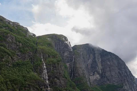 Dramatic Cliffs and Waterfall Near Lysebotn in Norway Stock Photos