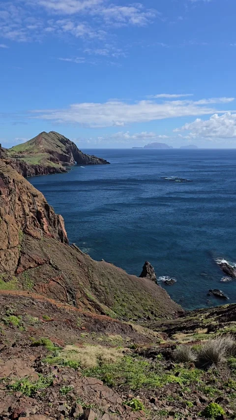 Dramatic cliffs of Ponta de São Lourenço plunge into the ocean, where volcanic  Stock Footage 310025623
