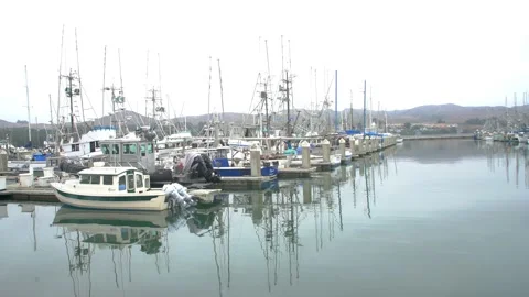 Dramatic clip of boats docked in Bodega Bay, California with calm bay water refl Stock Footage 159696344