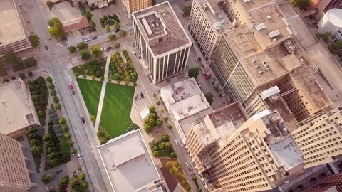 Dramatic close aerial view of skyscrapers in Oklahoma City, straight down view Stock-Footage 94423879
