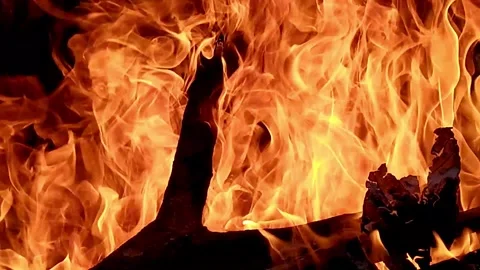 Dramatic close-up of orange flames crackling over burning wood logs Stock Footage 331581701