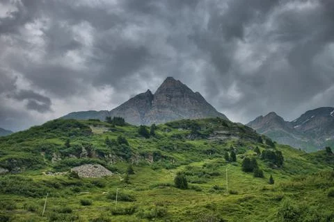 Dramatic cloud scenery at the San Bernardinopass in Switzerland 30.7.2020 Stock Photos