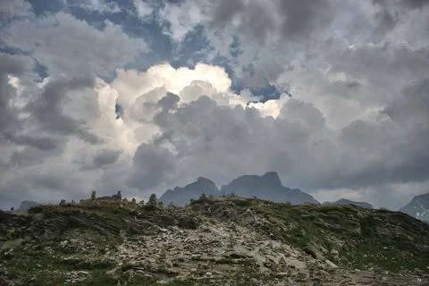 Dramatic cloud scenery at the San Bernardinopass in Switzerland 30.7.2020 写真素材