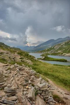 Dramatic cloud scenery at the San Bernardinopass in Switzerland 30.7.2020 Stock Photos