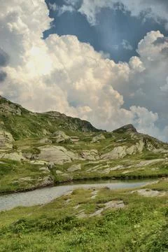Dramatic cloud scenery at the San Bernardinopass in Switzerland 30.7.2020 Stock Photos