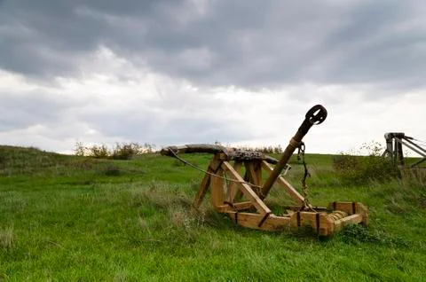 Dramatic clouds and an ancient camp, restored from medieval time Stock Photos