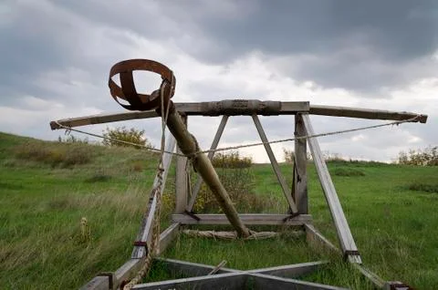 Dramatic clouds and an ancient camp, restored from medieval time Stock Photos