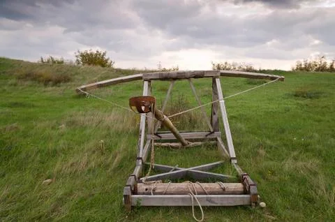Dramatic clouds and an ancient camp, restored from medieval time Stock Photos