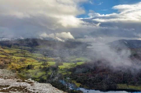 Dramatic clouds and mist on Nab Scar Stock Photos