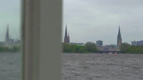 Dramatic clouds and sky over River Elbe in Hamburg, view from the window. Stock Footage 89587697