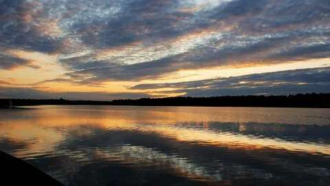 Dramatic clouds and sunset over wide lake, landscape Stock Footage 125207695