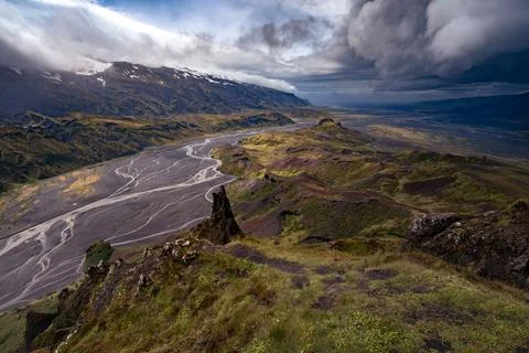 Dramatic clouds coming to the valley of Thorsmork, southern Iceland. View from Stock Photos