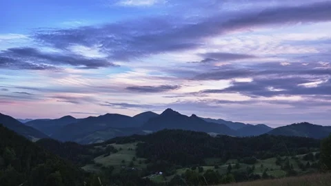 Dramatic clouds at dusk, rural hilly landscape in the Carpathians Stock-Footage 247112835