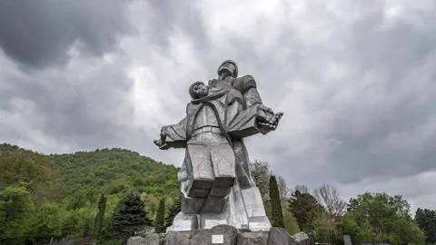 Dramatic clouds formation moving behind the Monument to the Great Patriotic War Stock Footage 190011166