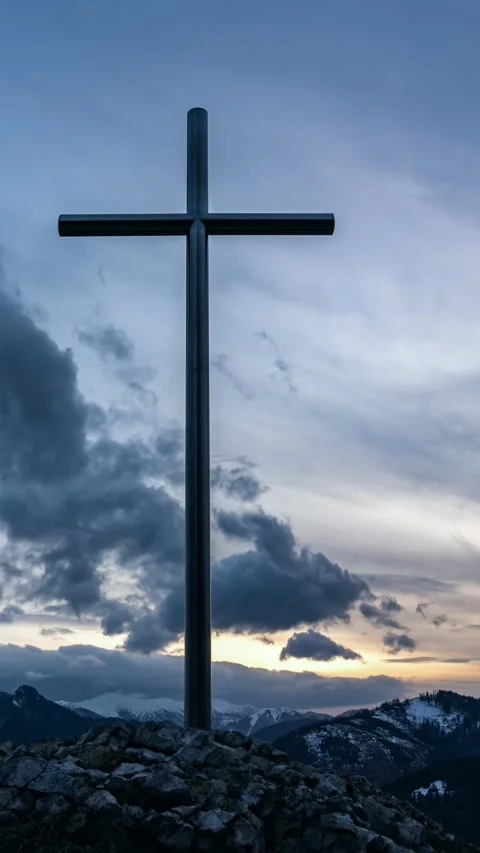 Dramatic Clouds moving fast over steel cross nature christian symbol of religion Stock Footage 292817531