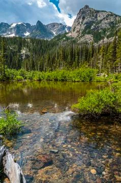 Dramatic clouds over fern lake with gabletop, knobtop and notchtop mountain p Stock Photos