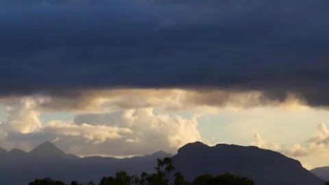 Dramatic Clouds Over Mountain Silhouette at Dusk Stock Footage 311435385