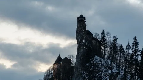 Dramatic clouds over nosferatu castle tower Time lapse Stock Footage
