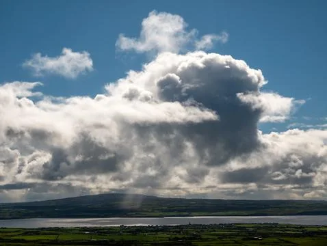 Dramatic clouds over rural landscape and water Stock Photos