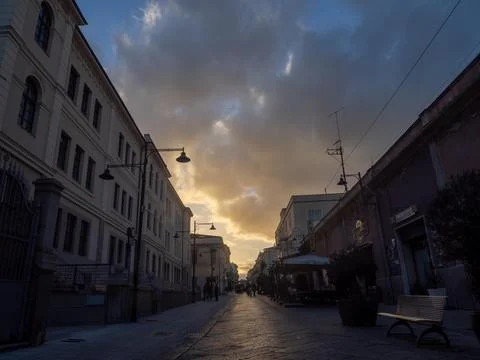 Dramatic clouds over a street, pedestrian zone, Olbia, Sardinia, Italy, Europe Stock Photos