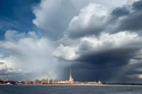 Dramatic clouds in the sky above the Peter and Paul Fortress. St. Petersburg Stock Photos