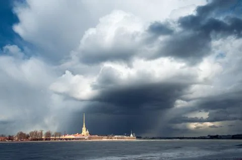 Dramatic clouds in the sky above the Peter and Paul Fortress. St. Petersburg Stock Photos
