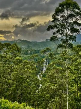 Dramatic Cloudscape Over Hidden Waterfall and Lush Green Forest Stock-Fotos