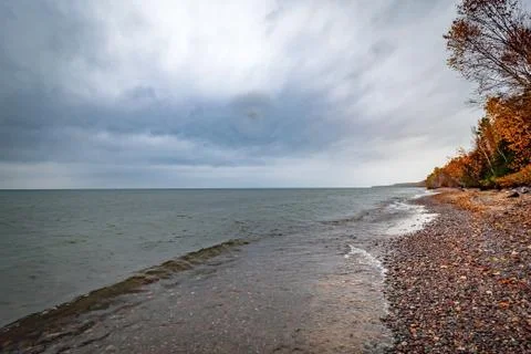 Dramatic cloudy horizon over the great lakes superior in autumn Stock Photos