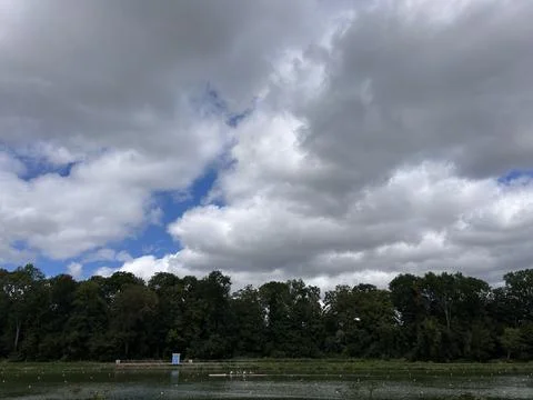 Dramatic cloudy sky above calm river with dense treeline, small rowing crew on 写真素材
