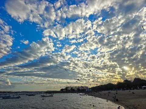 Dramatic cloudy sky filled with flying kites over a tropical beach and sea Stock Photos