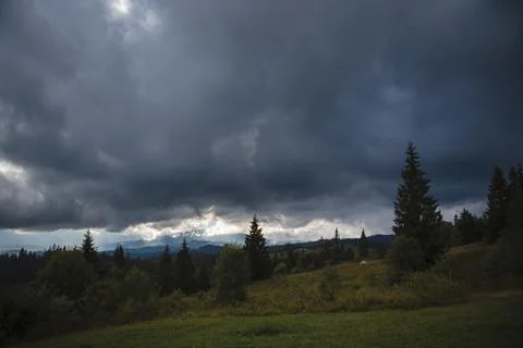 Dramatic Cloudy Sky Over Forest Landscape Stock Photos