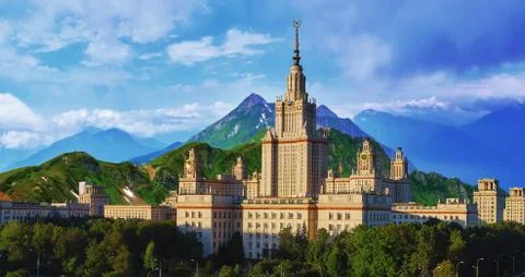Dramatic cloudy sky over main building of famous Russian university in Moscow Stock Photos