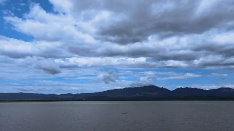 Dramatic Cloudy Sky Over Mountain Range and Lake, Peaceful Nature Landscape Video stock 308228881