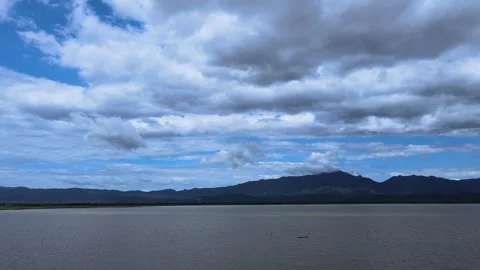 Dramatic Cloudy Sky Over Mountain Range and Lake, Peaceful Nature Landscape Stock-Footage 308228908