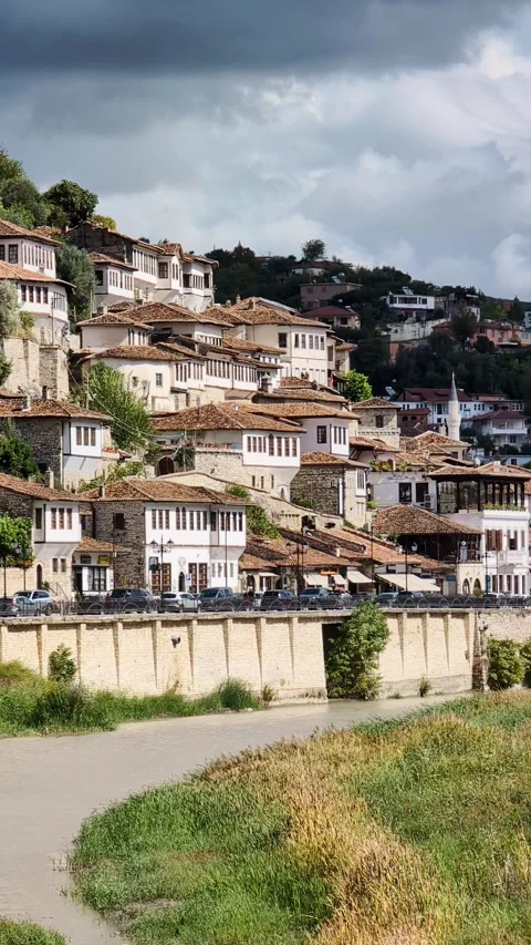 Dramatic cloudy sky over Ottoman architecture of Berat, Albania Video stock 335637128