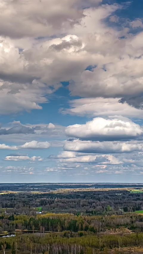 Dramatic cloudy sky over rural forest with moving clouds in drone hyperlapse Stock Footage 313647201
