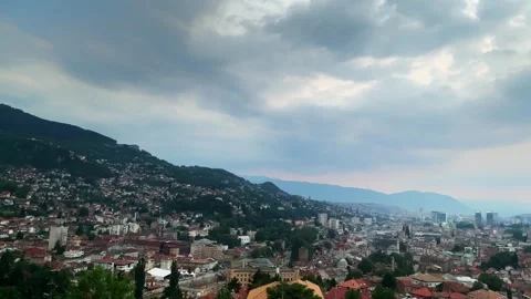 Dramatic Cloudy Sunset Over Sarajevo Skyline: Aerial View of Historic City Stock Footage 339496121