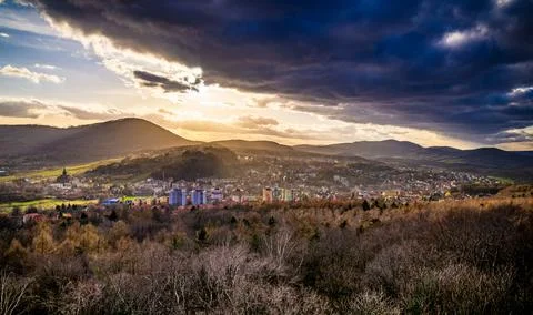 Dramatic cloudy sunset over Wałbrzych mountains in poland Stock Photos