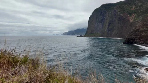 Dramatic Coastal Cliff with Ocean Waves, Madeira Video stock 340127922