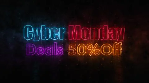 Dramatic Colorful Neon Light Of Cyber Monday Deals 50 Percent Off Lettering  Stock Illustration