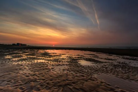 Dramatic colorful sunset on the beach in Ostend, Belgium Stock Photos