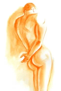 Dramatic Contemplative Nude Male Back  Illustration in Orange Illustrazione stock