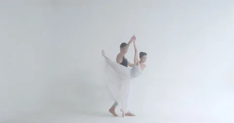 Dramatic couple of classical ballet dancers rehearsing a dance, romantic dance Stock Footage 163951359