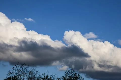 Dramatic cumulus clouds against a vibrant blue sky with silhouetted trees bel Stock Photos