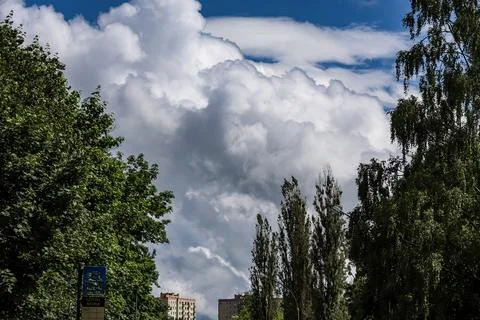 Dramatic cumulus clouds gather over a city skyline with lush green trees Foto stock