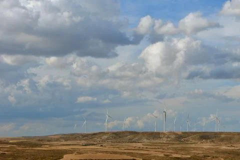 Dramatic cumulus rain clouds cover dry agricultural land in Teruel, Spain Stock Photos