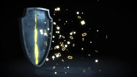 Dramatic cybersecurity breach illustration with cracked shield and glowing data Stock Illustration